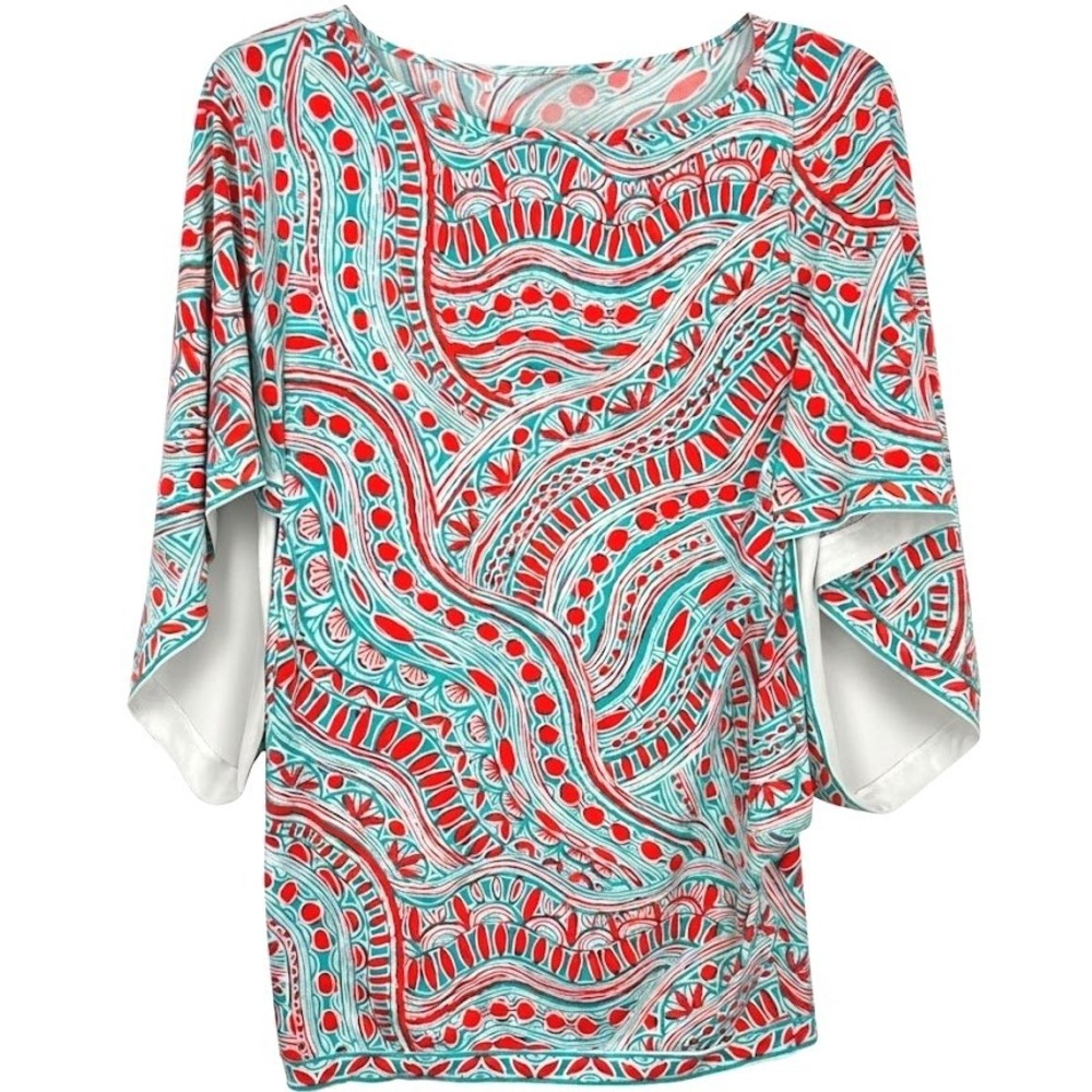 Trina Turk Teal Red Abstract Print Kimono Sleeve Top Medium Stretch Knit